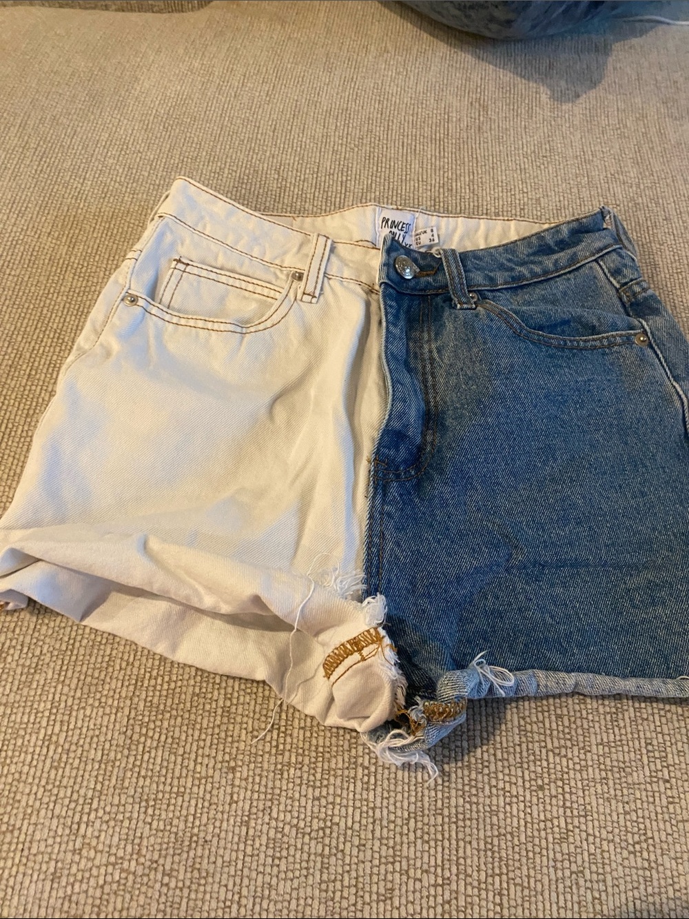 Princess Polly Two-Tone Cream & Blue Denim High-Rise Cutoff Shorts